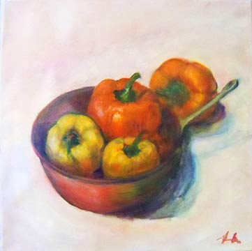 Orange and Yellow Peppers w/ Antique Copper Pot | Peabody Gallery
